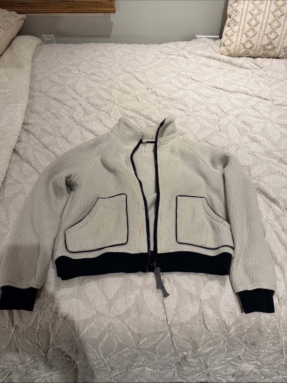 Women’s Cream Sherpa Zip-Up Jacket with Black Trim - Free People